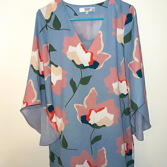 Crosby by Mollie Burch Lined Dress Bell Sleeves Flowers Blue - size S - Picture 1 of 5